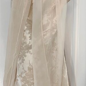 Gorgeous, ecru damask strapless gown with a silk scarf.
